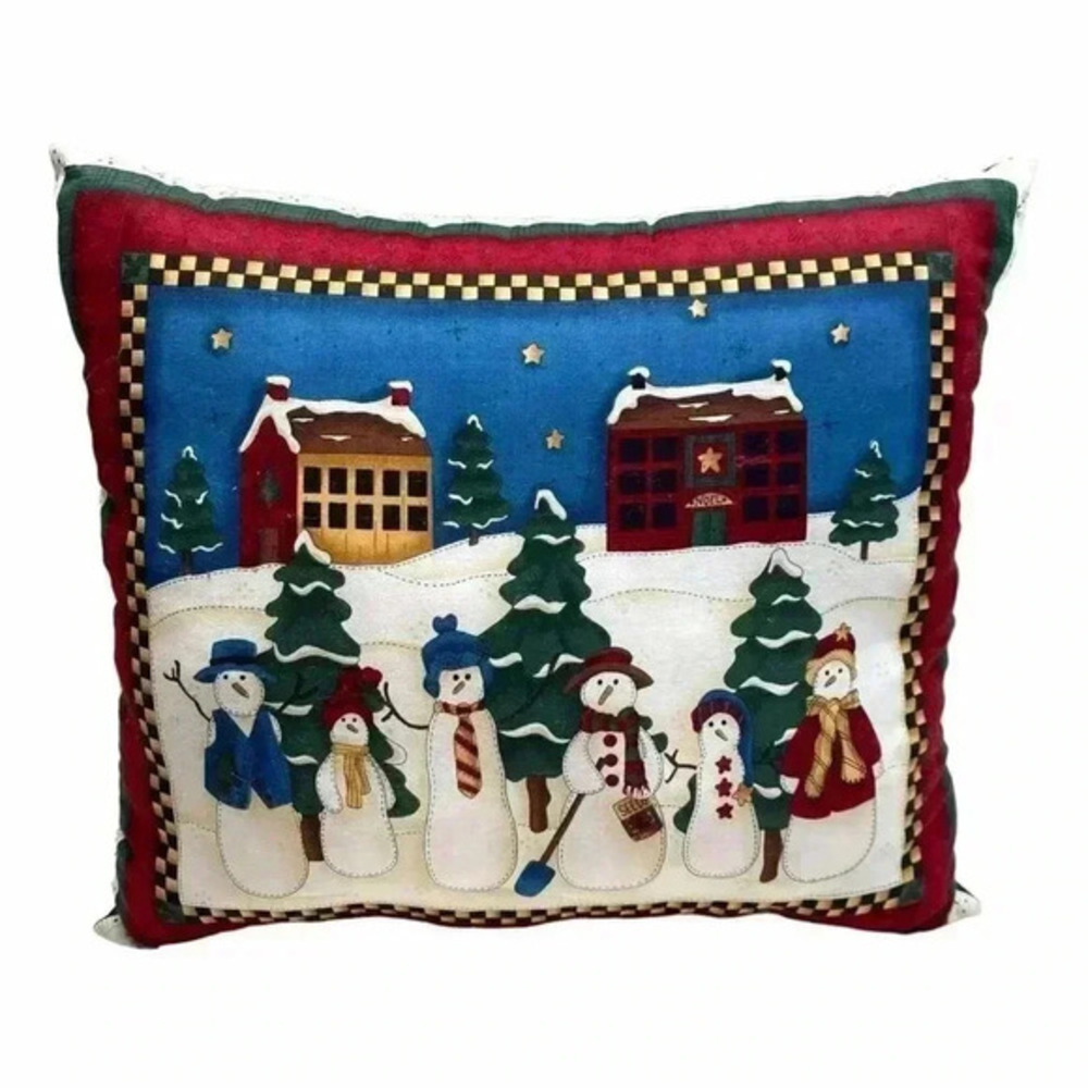 Christmas Winter Snowman Cotton Throw Pillow Quilted Snow Stars Trees Houses